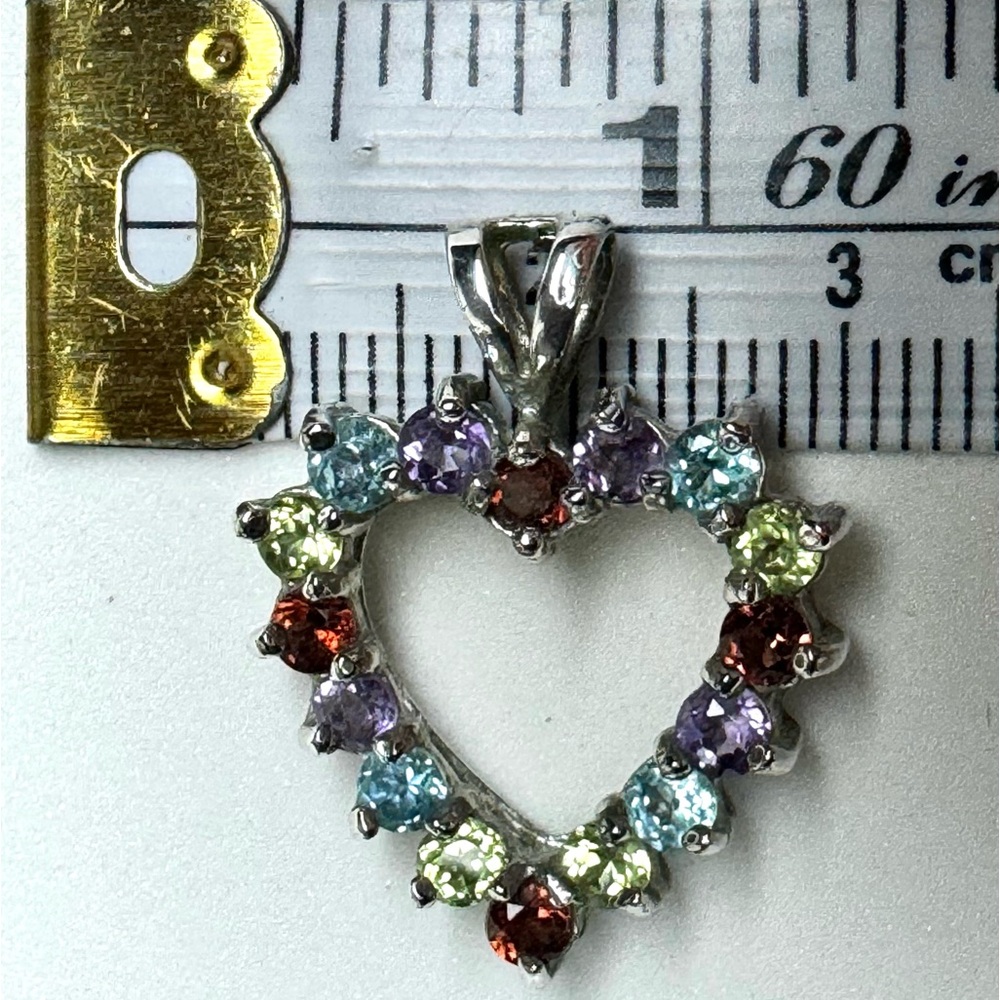 925 Sterling Silver Singapore Chain Multi-stone Heart Pendant Necklace - Picture 10 of 15